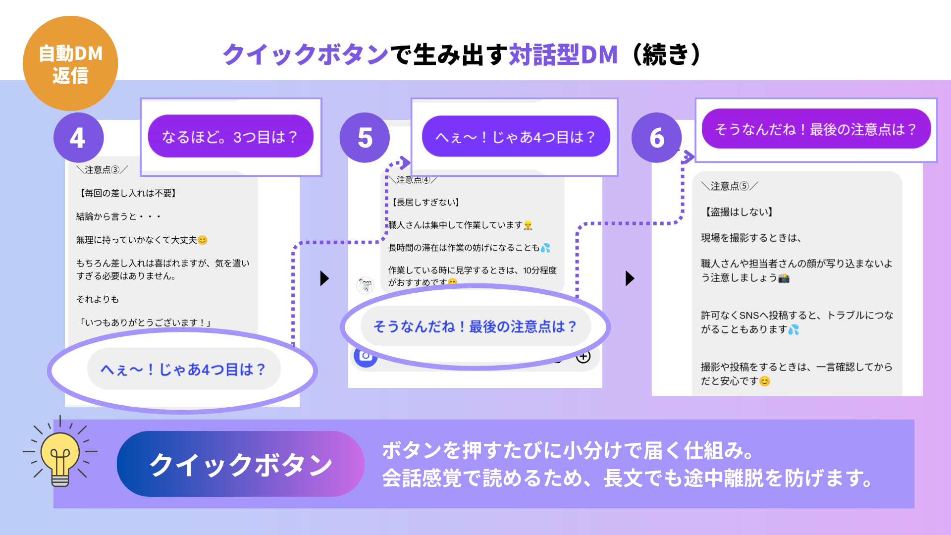 クイックボタンで展開する4~6つ目のメッセージ
